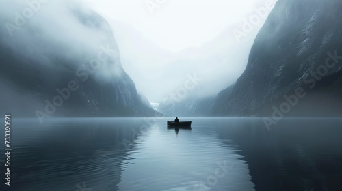  a person on a boat in the middle of a body of water with a mountain range in the background and fog in the air and fog in the foreground. © Anna