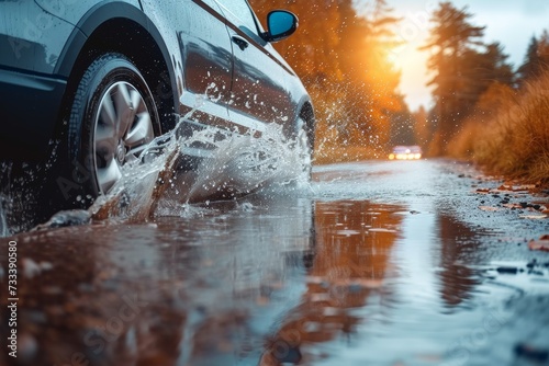A car's tire splashes through a puddle, its reflection distorted by the wet ground, while the sky above threatens more rain for the vehicle's journey