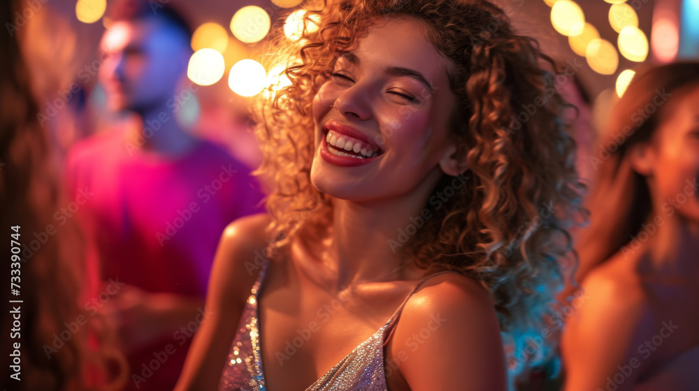 A joyous woman with curly hair, laughing heartily, surrounded by friends in a festive atmosphere with bokeh lights at a night party.