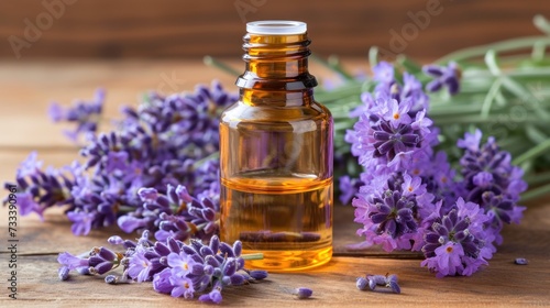  a bottle of lavender oil next to a bunch of lavender flowers on a wooden table with a sprig of lavender on the side of the bottle and a sprig of lavender.