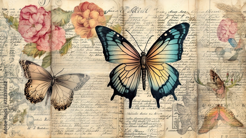 Fototapeta premium Vintage book page with butterfly, stamperia, watercolor style art, beautiful antique vintage page old paper