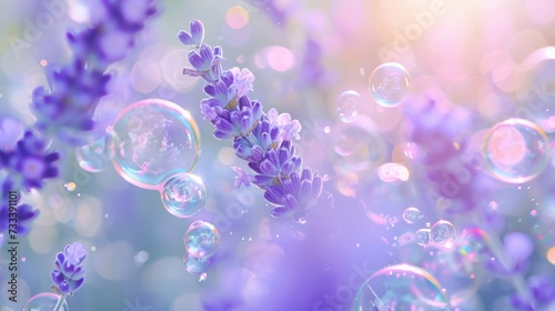  a bunch of soap bubbles floating next to a bunch of lavender on a sunny day with a purple flower in the foreground and bubbles floating in the foreground.