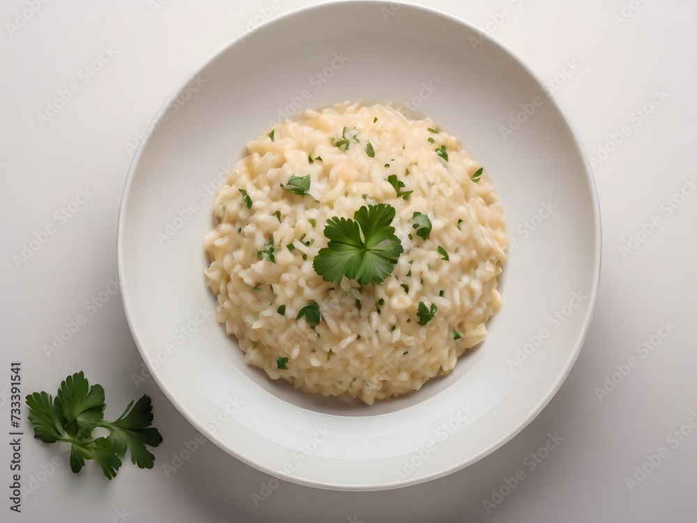 A bowl of creamy risotto garnished with freshly grated parmesan cheese and chopped parsley, served on a white porcelain dish, simple white background top down view. Italian cuisine A bowl of creamy risotto garnished with freshly grated parmesan cheese and chopped parsley, served on a white porcelain dish, simple white background top down view. Italian cuisine