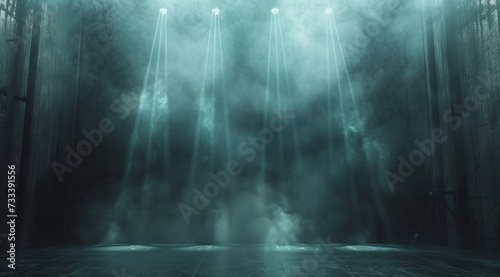 a black stage with spotlights on it, in the style of hazy, light indigo and e...