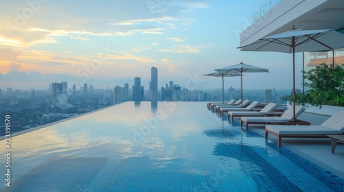 A chic rooftop pool, with lounge chairs and umbrellas offering panoramic views of the city skyline