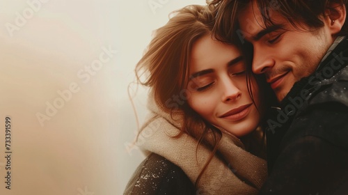 A couple sharing a heartfelt hug, their faces pressed together in a moment of...