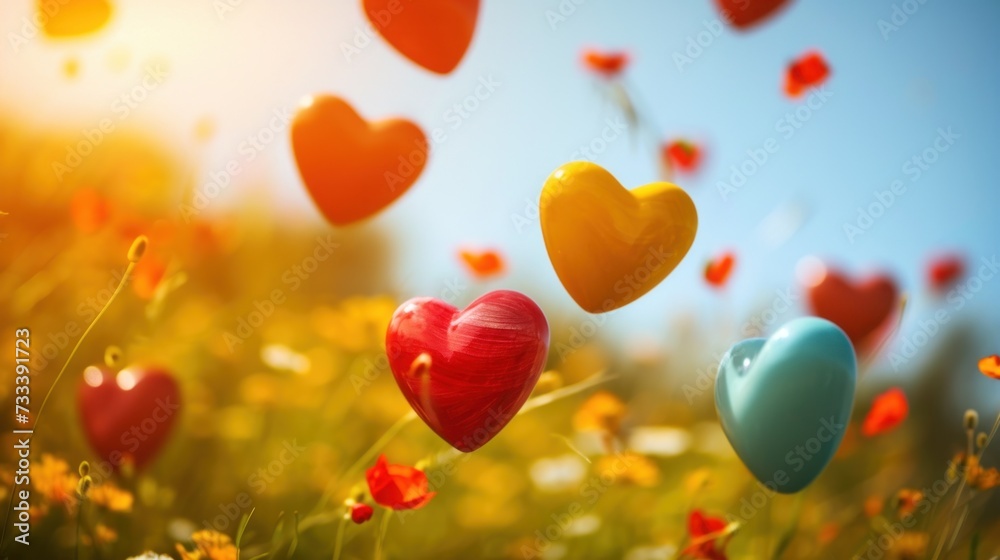 a bunch of heart shaped balloons floating in the air over a field of wildflowers with a bright blue sky in the background and sun shining through the clouds. a bunch of heart shaped balloons floating in the air over a field of wildflowers with a bright blue sky in the background and sun shining through the clouds.
