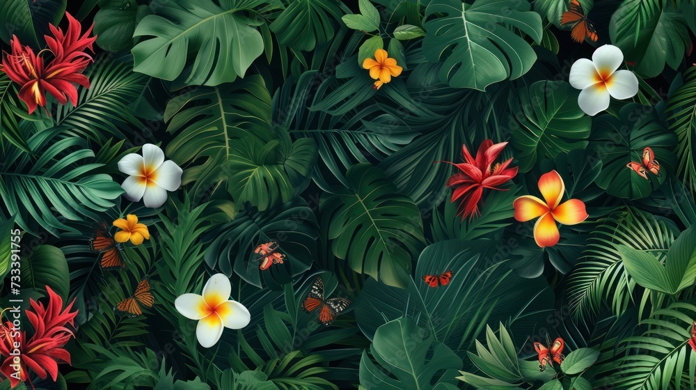 a bunch of tropical plants and flowers on a green background with red, yellow, white and orange flowers on the left side of the image and green leaves on the right side of the. a bunch of tropical plants and flowers on a green background with red, yellow, white and orange flowers on the left side of the image and green leaves on the right side of the.