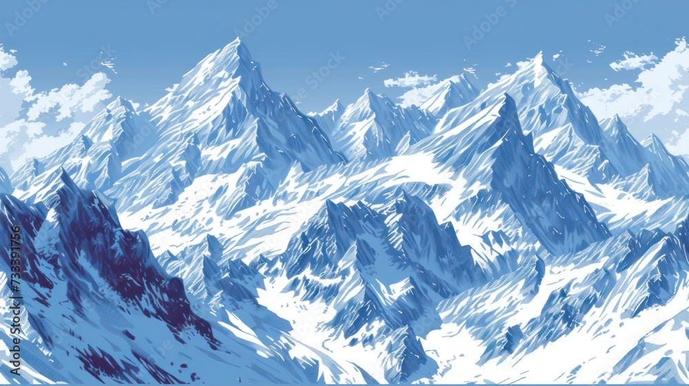  a drawing of a mountain range with snow on the top and clouds in the sky over the top of the mountain and below it is a blue sky with white clouds.