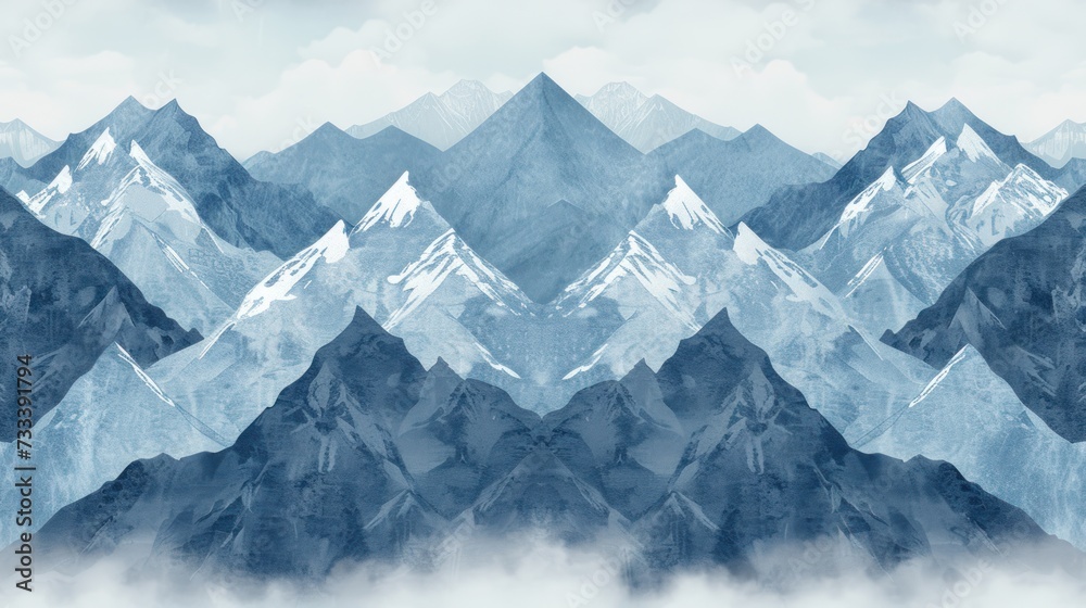  a painting of a mountain range with clouds in the foreground and a blue sky with white clouds in the middle of the mountain range, with white clouds in the foreground.