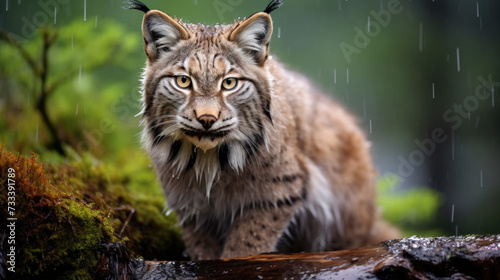 Eurasian lynx in the european forest. Hidden cat in the spring season. Lynx kitten in the bushes. Czech nature. The spotted biggest european cat. © Ruslan Gilmanshin
