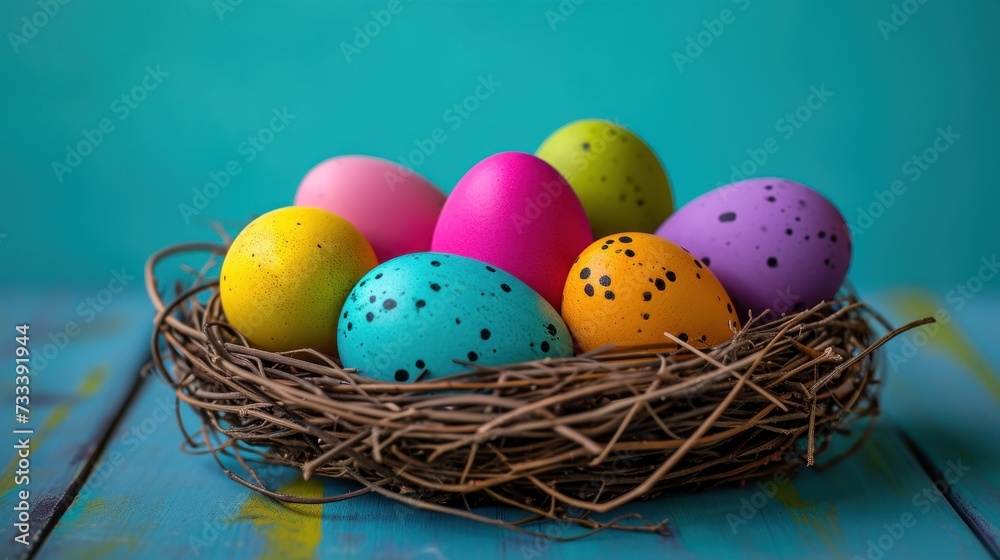 a bird's nest filled with colored eggs on top of a blue wooden table next to a blue wall and a blue wall behind it is a turquoise background. a bird's nest filled with colored eggs on top of a blue wooden table next to a blue wall and a blue wall behind it is a turquoise background.