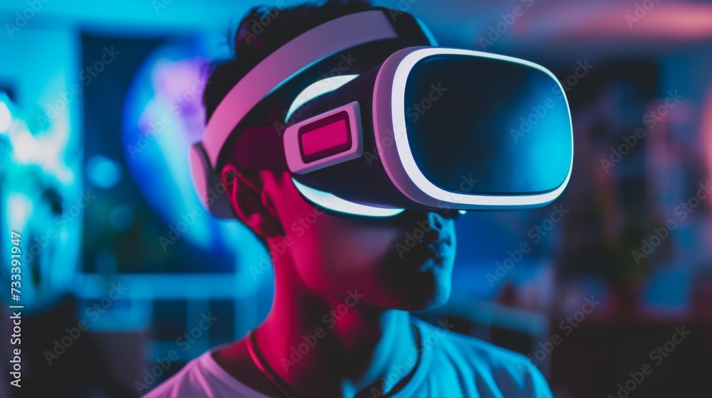 A man in VR headset on neon futuristic background. Immersive experience of virtual reality.