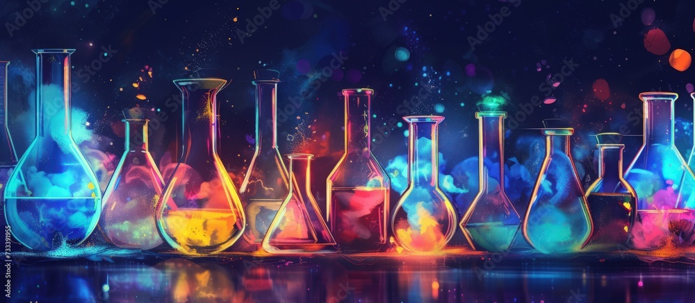Colorful liquid on scientific glassware for chemical experiment research laboratory background. - obrazy, fototapety, plakaty 