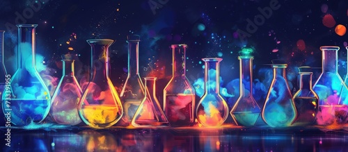 Colorful liquid on scientific glassware for chemical experiment research laboratory background. photo