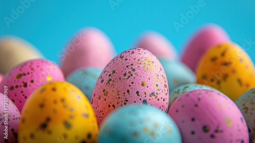 a close up of a group of eggs with speckled eggs in the middle of the eggs, on a blue background with a few more speckled eggs in the foreground.