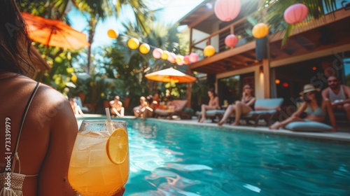 A chic poolside soirÃ©e, with guests lounging on cabanas and sipping colorful...