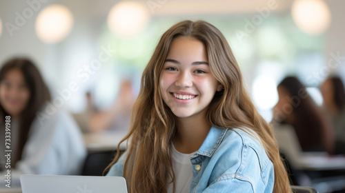 A smiling student with curly hair and a denim jacket is sitting in a classroom, turning around to smile at the camera while others are focused on their laptops.
