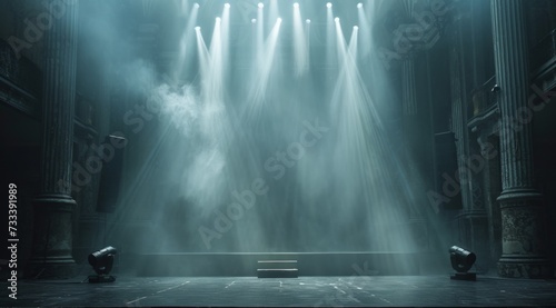 a black stage with spotlights on it, in the style of hazy, light indigo and emerald