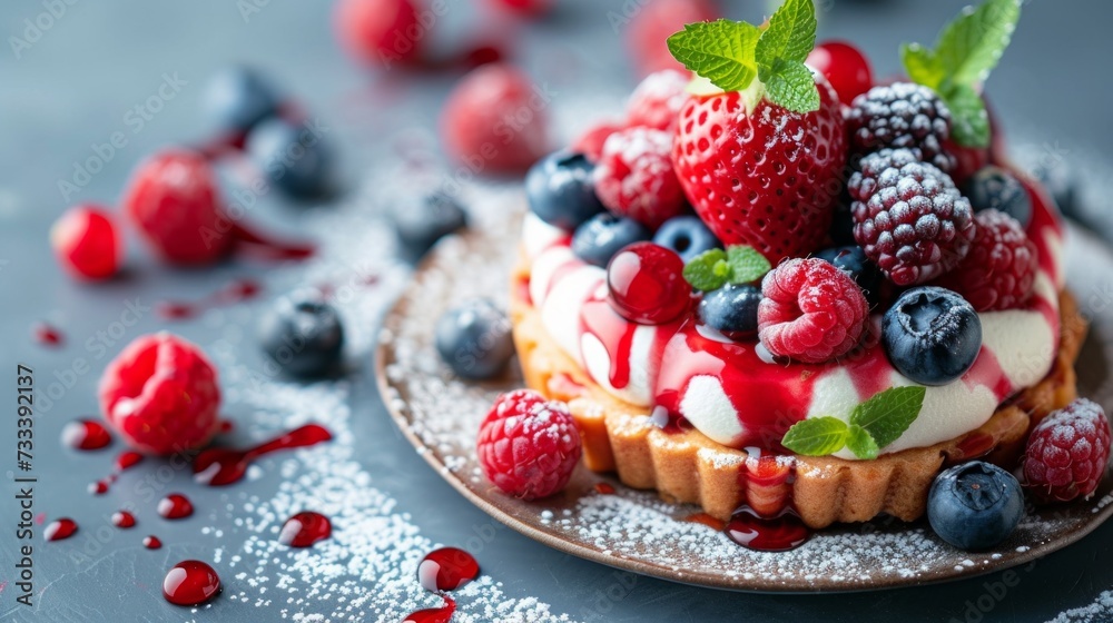 A close-up of a mouthwatering dessert, adorned with fresh berries and a drizzle of sauce A close-up of a mouthwatering dessert, adorned with fresh berries and a drizzle of sauce