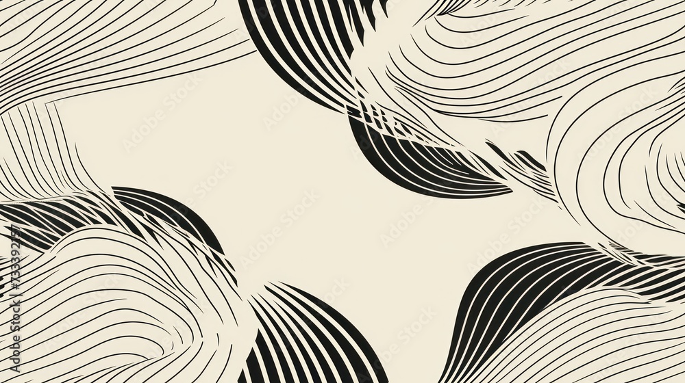  a black and white abstract pattern with wavy lines on a cream background, with a black and white design on the left side of the image, and a black and white background.