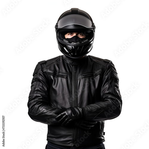 Motorcycle leather jacket, man with motorcycle leather apparel with helmet, frictional character  © Taiwo