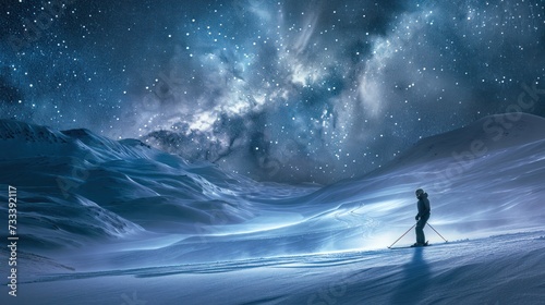  a man standing on top of a snow covered slope under a night sky filled with stars and a star filled sky with a person standing on skis in the snow.