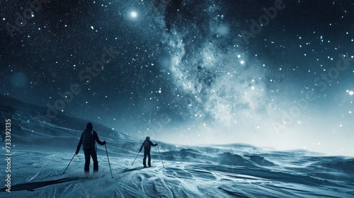 a couple of people standing on top of a snow covered slope under a night sky filled with stars and the stars in the sky above them are two skiers.