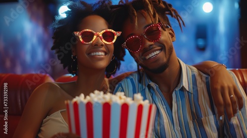 A beautiful young couple is sitting in a cinema with a striped bucket of popcorn