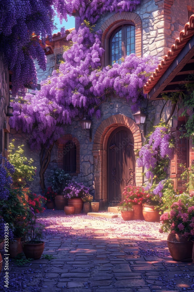 Fototapeta premium The Wisteria sinensis plant with lilac flowers decorates the entrance to the house. 3d illustration
