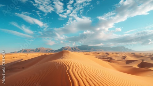 A breathtaking desert landscape, with rolling sand dunes and dramatic rock formations sculpted by wind and time