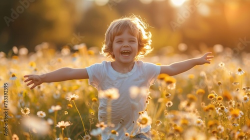 A child running through a field with outstretched arms, a beaming smile light...