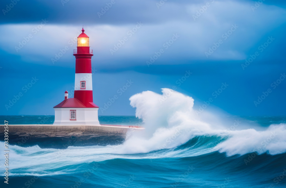 Lighthouse on the breakwater in a stormy day. 