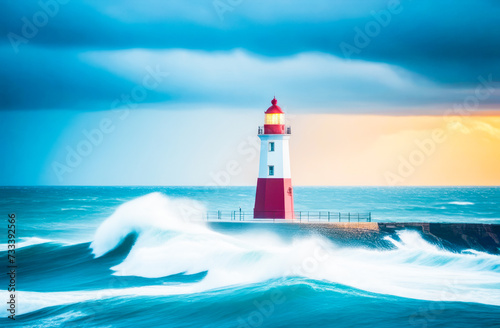 Lighthouse in the middle of a stormy sea at sunset.