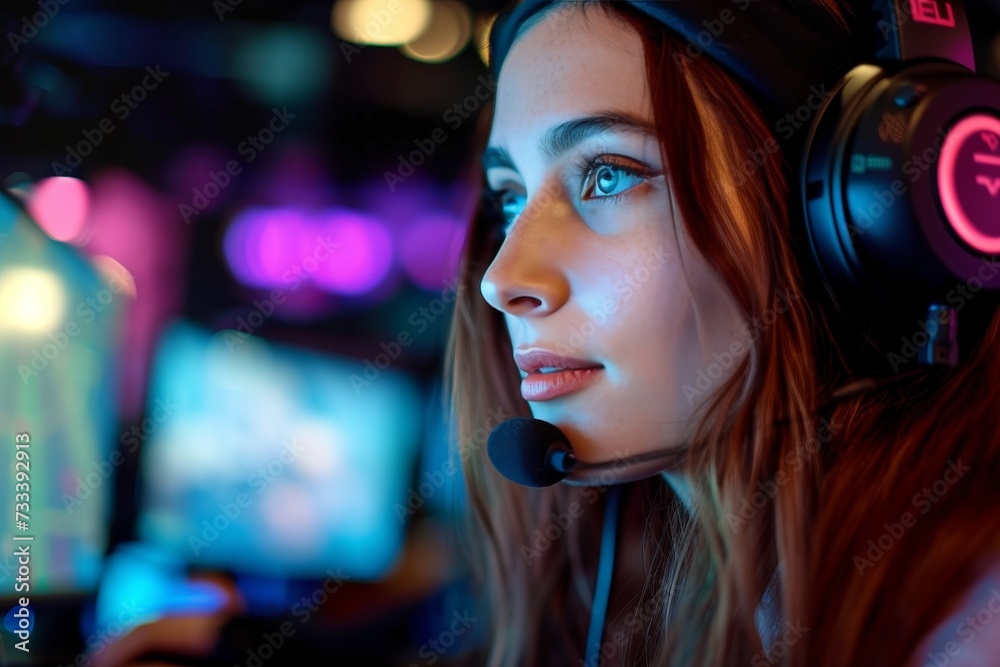 A girl immersed in her own world, lost in the music playing through her headphones, captured in a moment of solitude indoors A girl immersed in her own world, lost in the music playing through her headphones, captured in a moment of solitude indoors