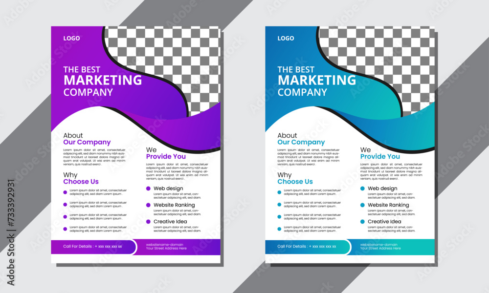 modern corporate leaflet design template for marketing company  100% editable vactor file with two color version purple & blue available.