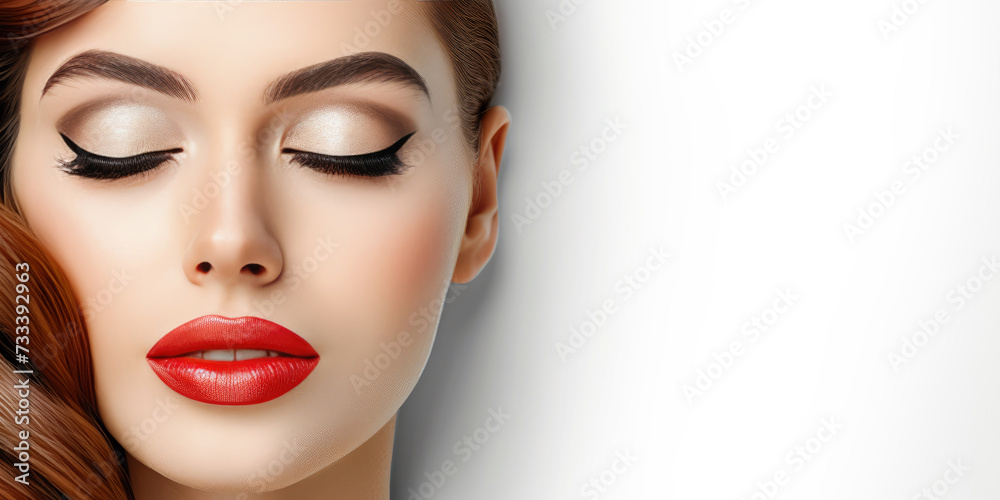 Banner of Fashion model girl portrait. Beauty woman with bright color makeup. Close-up of lady face. White background