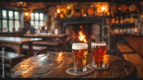 A cozy countryside pub  with glasses of ale and cider served alongside hearty pub fare and roaring fires