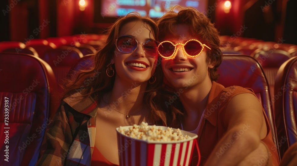 A beautiful young couple is sitting in a cinema with a striped bucket of popcorn A beautiful young couple is sitting in a cinema with a striped bucket of popcorn