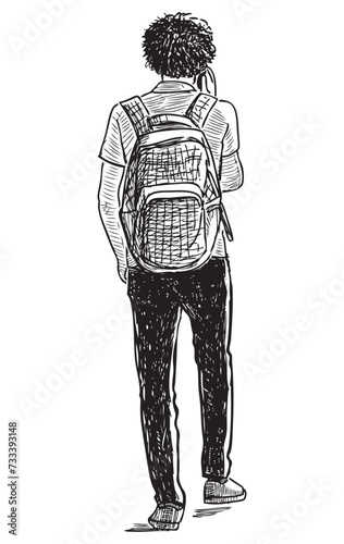 Hand drawn illustration of casual teenage schoolboy with backpack walking on street alone and talking on smartphone back view black and white sketch isolated on white