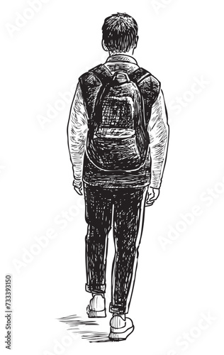 Hand drawing of back view casual teen schoolboy with backpack walking outdoors alone black and white sketch isolated on white