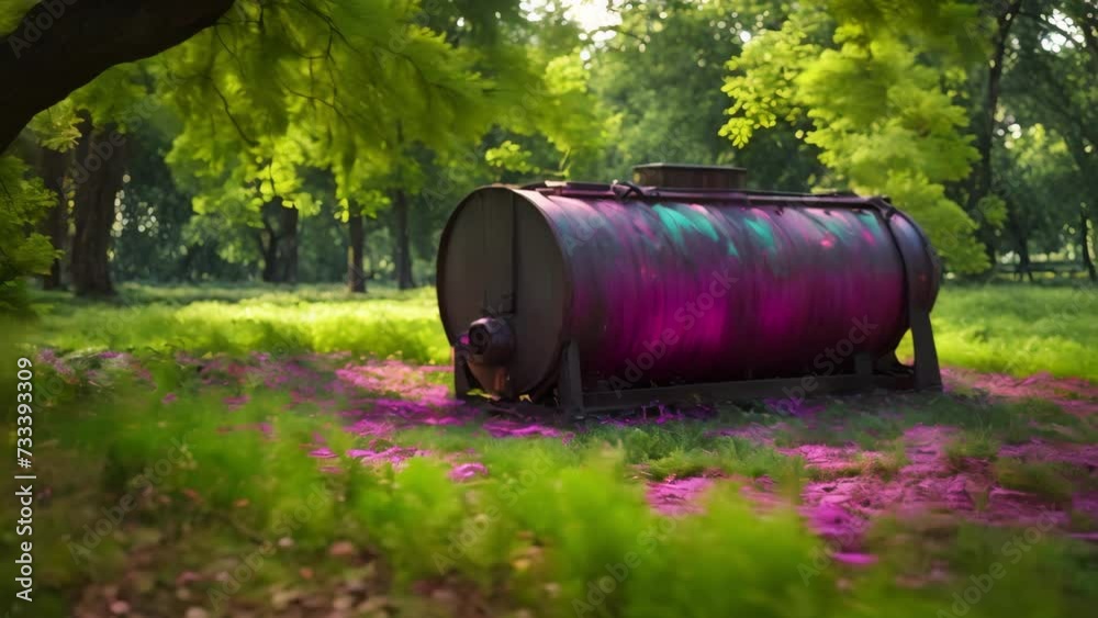 Large Metal Barrel in Field - Industrial Object in Rural Setting Large Metal Barrel in Field - Industrial Object in Rural Setting
