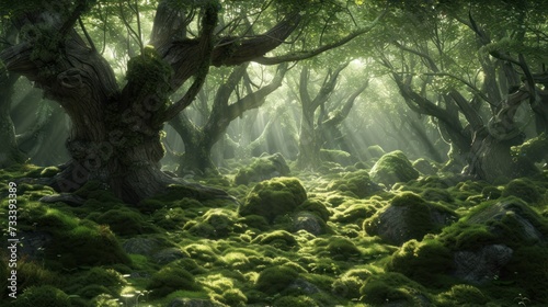  a forest filled with lots of green moss covered rocks and a large tree in the middle of the forest with lots of green moss covered rocks in the foreground.
