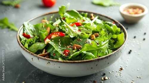 A bowl of vibrant salad greens, tossed with tangy vinaigrette and topped with crunchy nuts and seeds