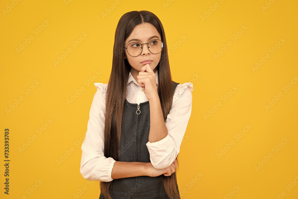 Doubtful thoughtful teenager child girl dreaming, imagining something, creating idea. Doubtful thoughtful teenager child girl dreaming, imagining something, creating idea.