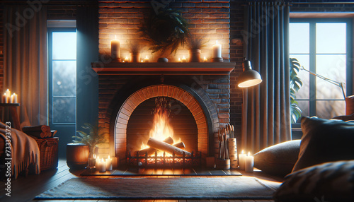 Cozy fireplace with crackling logs and a soft glow  creating a warm  inviting atmosphere. Perfect for relaxation and interior photography. Generative AI.