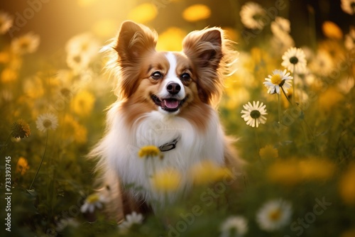 Papillon dog sitting in meadow field surrounded by vibrant wildflowers and grass on sunny day ai generated © stocksbyrs