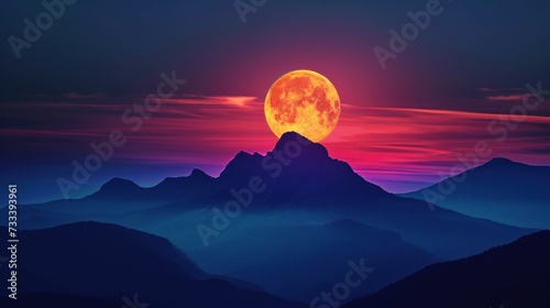  a full moon rising over a mountain range with a red and blue sky in the background and a silhouette of a mountain range in the foreground with a red and blue sky. © Anna