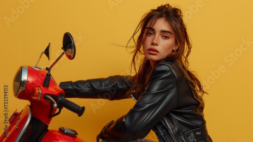 A beautiful young woman in a black leather jacket sits on a bright red scoote...
