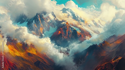  an aerial view of a mountain range with clouds in the foreground and a bird's eye view of the top of the mountain range in the foreground. © Anna
